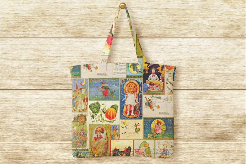 Puede incluir: Una bolsa de tela reutilizable con un dise&ntilde;o de patchwork que presenta postales vintage de Halloween. Las postales representan varios temas de Halloween, incluyendo brujas, calabazas y gatos. La bolsa est&aacute; hecha de una tela duradera y tiene un asa resistente.