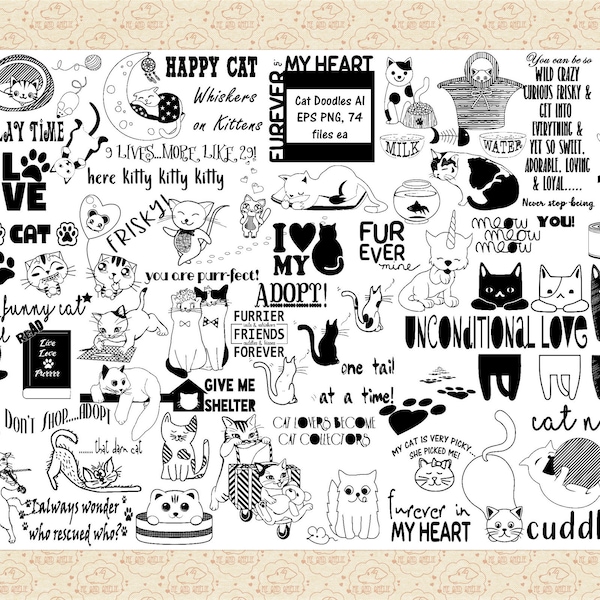 Cat Doodles Megapack AI EPS (Not SVG) and PnG, Cat Clip Art, Funny Cat Doodles, Adopt a Cat, Cat Word Art, Cat Paw Prints, Hanging Cats