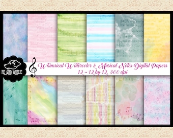 Notes de musique aquarelle sur papier numérique, arrière-plans pastel (téléchargement numérique)