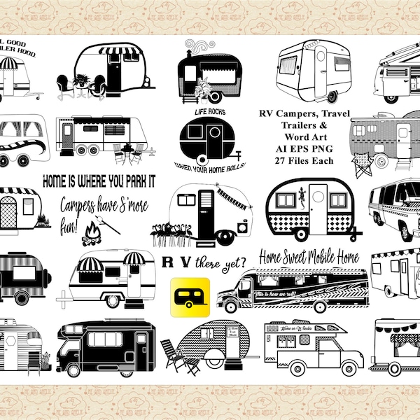 RV Campers, Travel Trailers and 5th Wheeler Vector (Not SVG) Clip Art, Motorhome, Retro Trailers, Word Art, Full Time Travelers, Nomad