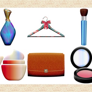 Peut inclure: Un ensemble de six articles de beaut&eacute; et de mode, comprenant un flacon de parfum bleu, un cintre &agrave; motif floral, un pinceau &agrave; maquillage bleu, une pochette en cuir marron, un pot de cr&egrave;me rose et blanc et un compact de fard &agrave; joues rose avec un miroir.