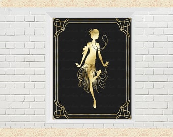 Gold Foil Flapper Art Print, Gatsby Style (Digital Download)