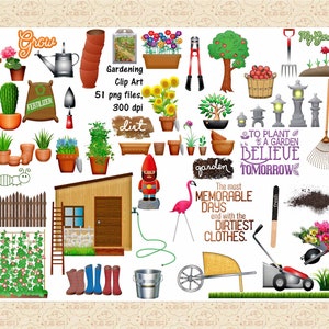 Images clipart de jardinage, flamant rose, fleurs, plantes, outils de jardinage, nain de jardin, brouette, herbe, remise, terre, pommier et panier, publicité