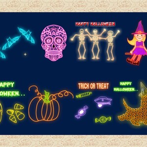 Pu&ograve; includere: Uno sfondo blu con decorazioni di Halloween color neon. Ci sono pipistrelli, scheletri, una strega, una zucca, caramelle e il testo "Buon Halloween" e "Dolcetto o scherzetto".