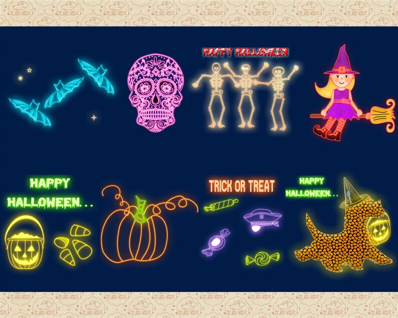 Pu&ograve; includere: Uno sfondo blu con decorazioni di Halloween color neon. Ci sono pipistrelli, scheletri, una strega, una zucca, caramelle e il testo "Buon Halloween" e "Dolcetto o scherzetto".