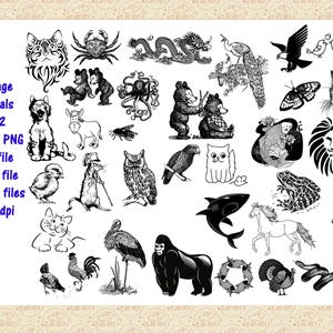 Vintage Animals Pt 2 AI EPS (No SvG) PNG, Sketchy Animals, Snakes, Eagle, Unicorn, Insects, Bears, Fish, Gecko, Birds, Commercial 0K