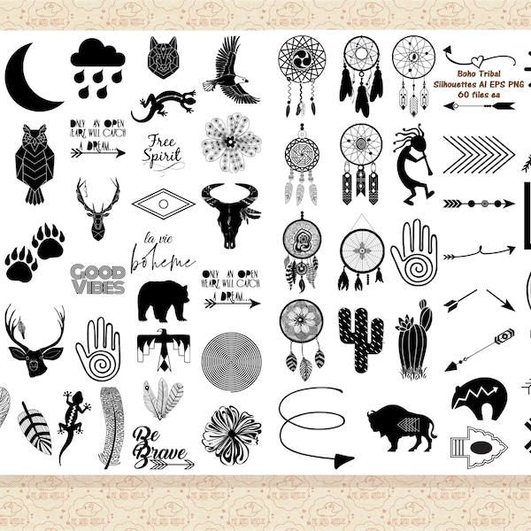 Boho Tribal Silhouettes AI EPS (No SvG) & PnG, Boho ClipArt, Tribal ClipArt, Southwest ClipArt, Native American Elements, Commercial 0K