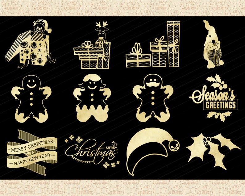 Gold Foil Christmas Doodles Clipart (PNG Files) image 3