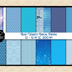 Blue Variety Digital Papers, Various Shades of Blue, Blue Music Sheet with Lace, Birch Tree Paper, Bokeh Stars, Blue Farmhouse Background