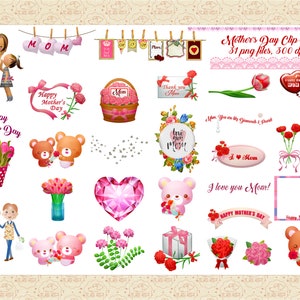Clip Art do Dia das Mães, Ursos do Dia das Mães, ClipArt de flores, Saudações do Dia das Mães, Dispersão de diamante, Borda de pérola, Borda de renda, OK comercial