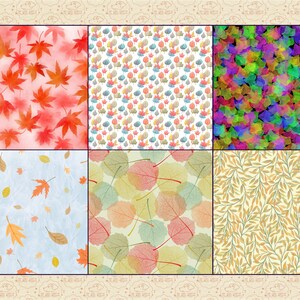 May include: Six different patterns featuring autumn leaves in various colours and styles. The patterns include red, orange, yellow, and green leaves on a white, light blue, or beige background.
