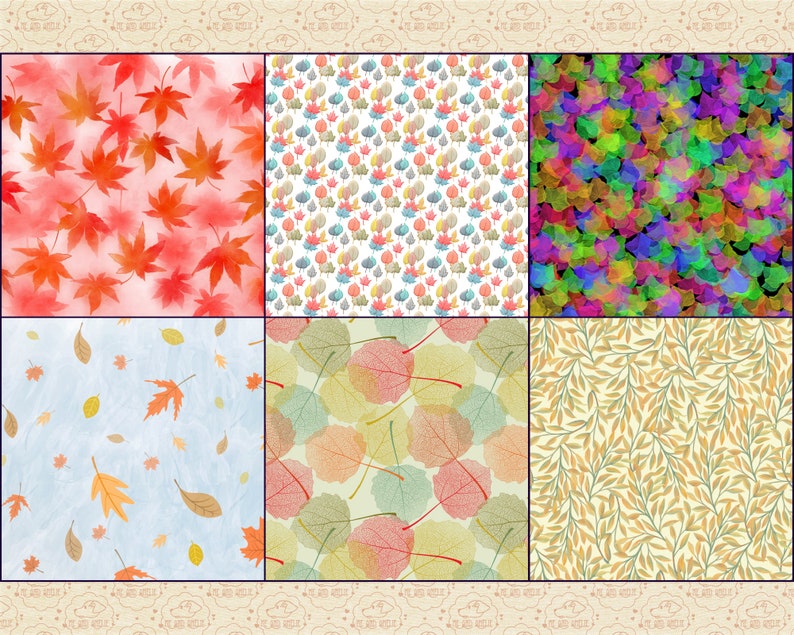 May include: Six different patterns featuring autumn leaves in various colours and styles. The patterns include red, orange, yellow, and green leaves on a white, light blue, or beige background.