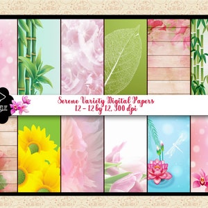 Serene verscheidenheid digitale papieren, bloemen op hout, roos, orchideeën, bamboe, Zen behang, boerderij achtergrond, lotusbloem, commerciële OK