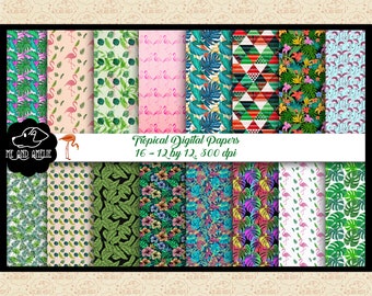 Tropical Digital Paper Pack, Summer Scrapbooking, Flamingo & Floral Patterns (Digital Download)
