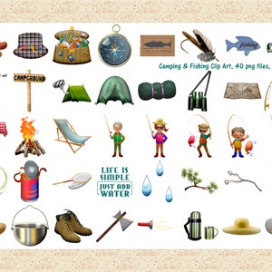 Fishing & Camping ClipArt, Fishing Pole ClipArt, Fishing Lures, Worms, Tent Gear, Canoe, People Fishing, Sunglasses and Hat, Commercial OK