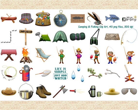 Fishing & Camping Clipart, Fishing Pole Clipart, Fishing Lures, Worms, Tent  Gear, Canoe, People Fishing, Sunglasses and Hat, Commercial OK 