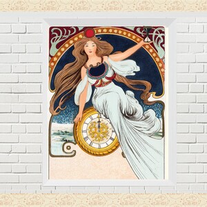 Impressão de mulher vintage Art Nouveau, design Art Nouveau, relógio bate 12, cartão de feliz ano novo, pôster de arte retrô Art Nouveau, comercial OK