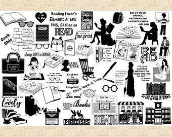 Reading Lovers Silhouettes AI EPS (Not SVG) & PnG, Book Clip Art, Bookstore ClipArt, Reading Word Art, Newspaper, Geek Chic, Classic Books