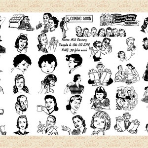 May include: A set of 39 black and white retro mid-century illustrations of people and ads. The illustrations are in a vintage style and feature people in various poses and situations. The text "Everybody's Talking about our Values in FINE FOODS" is included in the image.