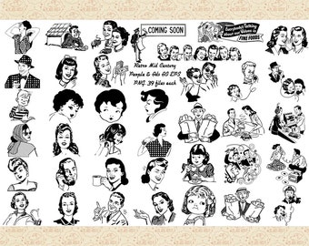 Retro Mid Century Ads and People AI EPS & PnG (No SVG), Vintage Couples, Retro Boys and Girls, Mid Century Modern, Atomic Age Line Art