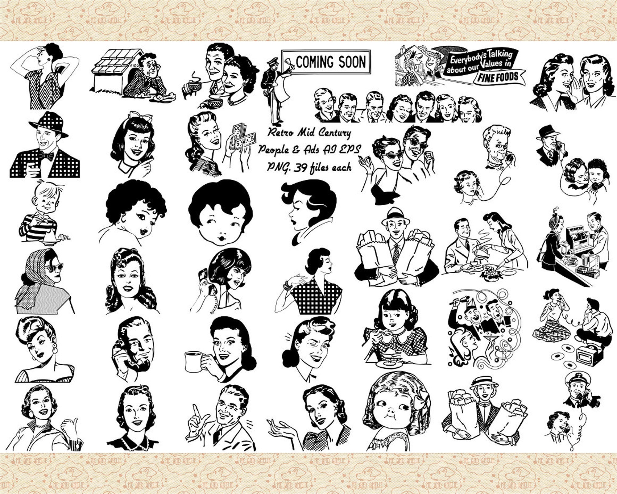 Retro Mid-century People & Ads Line Art (PNG EPS) - Etsy