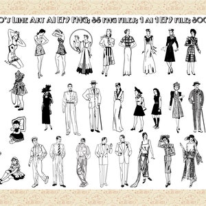 Jaren veertig Line Art AI EPS (geen SvG) & PNG, jaren 1940 vrouwen, jaren 1940, mannen, jaren veertig kinderen, baby's Vector, 1940 Fashion Clip Art, commerciële 0K