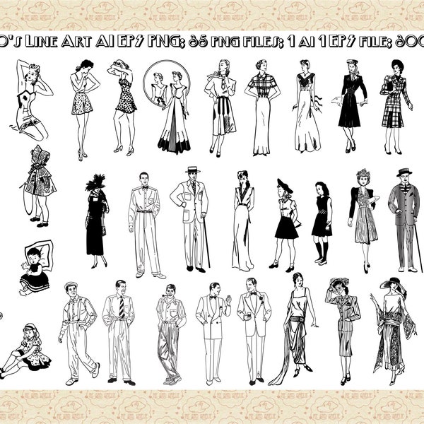 Forties Line Art AI EPS (No SvG) & PNG, 1940s Women, 1940s, Men, Forties Children, Babies Vector, 1940 Fashion Clip Art, Commercial 0K