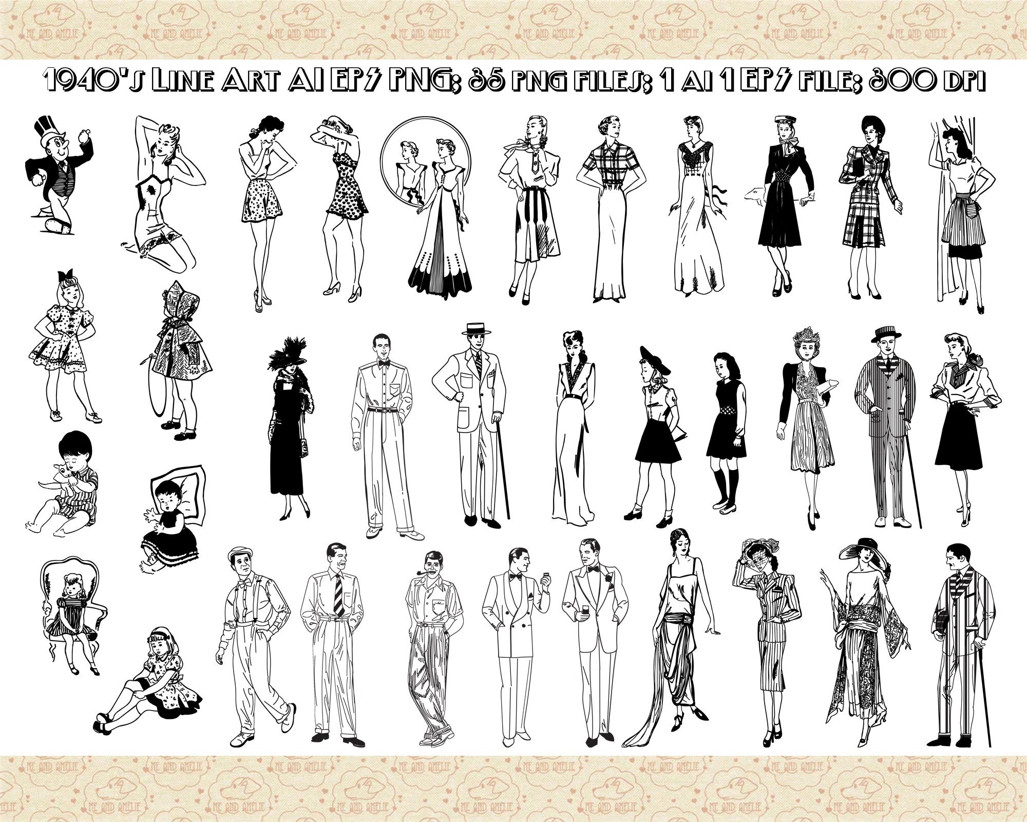 1940s Fashion Line Art Vector Graphics, AI EPS PNG (35 Files) - Etsy