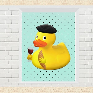 Canard en caoutchouc français avec béret de vin et pain * Canard adulte * 8 1/2 x 11 pouces * Impression et cadre ** Fabrication de cartes * Ferme * Transferts de tissu * Commercial OK