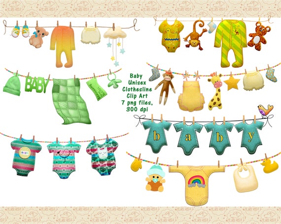 Baby Unisex Clothes Line Clip Art, Clothes Hanging to Dry for Baby