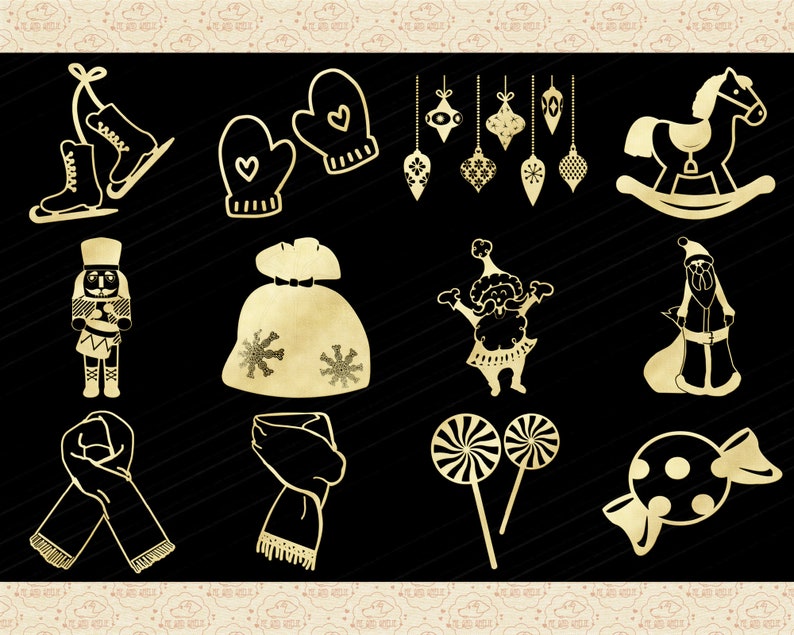Gold Foil Christmas Doodles Clipart (PNG Files) image 4