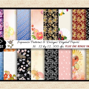 Papéis digitais de padrões e designs japoneses, inclui um papel bônus, leques japoneses, guindastes, sakura, padrões de quimono, comercial OK
