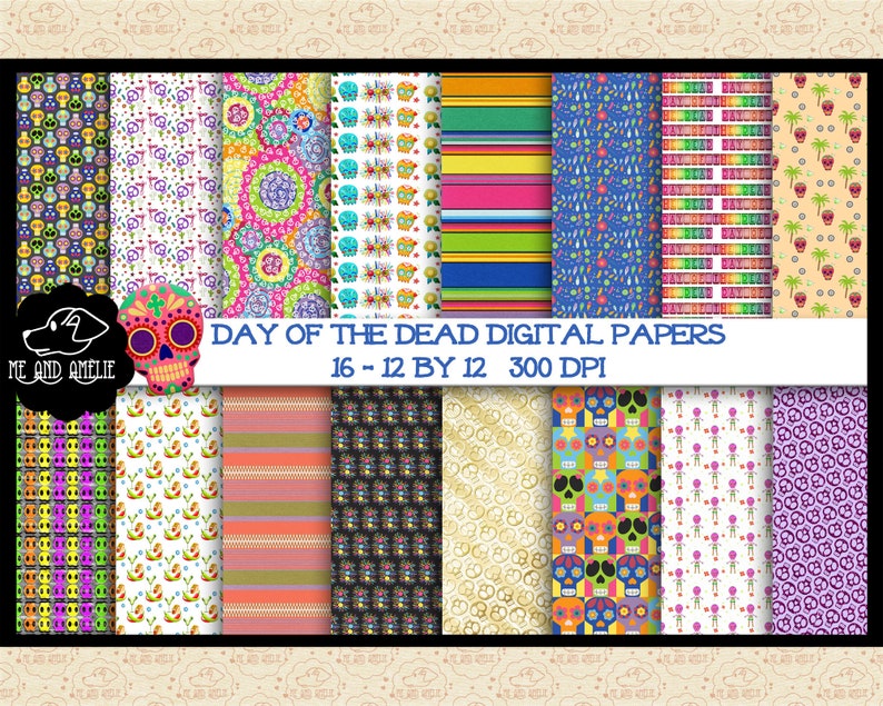 Digitalt papperspaket med de dödas dag, sockerskalle- och Sarape-designer (digital nedladdning) bild 1