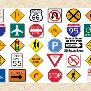 道路標識 AI EPS (SvG ではない) および PNG ファイル、一時停止標識のクリップアート、道路標識のクリップアート、高速道路標識、一方通行標識、ルート 66 のクリップアート、迂回路標識