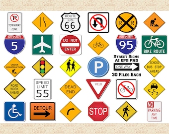 Street Signs AI EPS (Not SvG) & PNG Files, Stop Sign ClipArt, Street Sign ClipArt, Highway Sign, One Way Sign, Route 66 ClipArt, Detour Sign