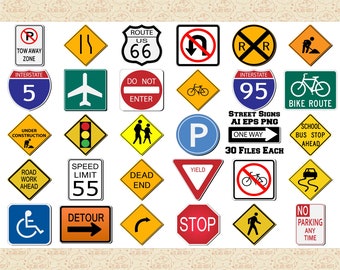 Street Signs AI EPS (Not SvG) & PNG Files, Stop Sign ClipArt, Street Sign ClipArt, Highway Sign, One Way Sign, Route 66 ClipArt, Detour Sign