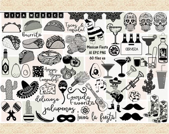 Mexican Fiesta Clipart, Tacos, Tequila, Viva Mexico (svg, png, ai, eps, Digital Download)