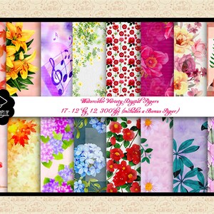 Papéis digitais de variedade floral em aquarela, padrões de aquarela, lavagens em aquarela, papéis com bordas florais, OK comercial