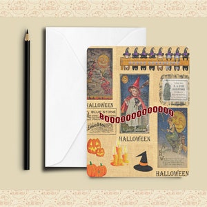 Puede incluir: Una tarjeta vintage de Halloween con un collage de im&aacute;genes que incluyen una bruja, calabazas y una calabaza tallada. La tarjeta tiene un fondo de arpillera y el texto "Halloween" aparece varias veces.