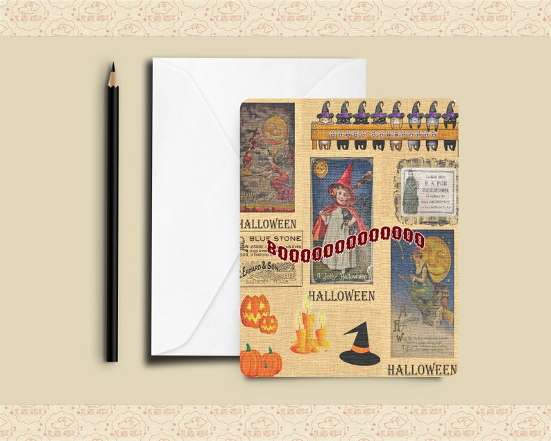 Puede incluir: Una tarjeta vintage de Halloween con un collage de im&aacute;genes que incluyen una bruja, calabazas y una calabaza tallada. La tarjeta tiene un fondo de arpillera y el texto "Halloween" aparece varias veces.