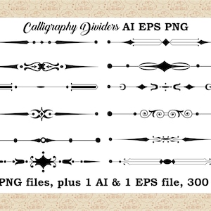 May include: Twelve black and white calligraphy divider lines. The dividers are in a variety of styles, including simple lines, dots, and swirls. The text "Calligraphy Dividers AI EPS PNG" is at the top of the image. The text "12 PNG files, plus 1 AI & 1 EPS file, 300 dpi" is at the bottom of the image.