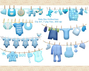 Baby Boy Clothesline Clip Art, Nursery Shower (PNG Files)