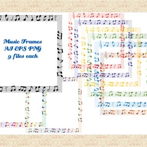 Könnte beinhalten: Ein Satz von neun bunten Musiknotenrahmen. Jeder Rahmen besteht aus Musiknoten und Notensystemen. Die Rahmen sind in einem Regenbogen von Farben, darunter Rot, Orange, Gelb, Grün, Blau, Indigo und Violett. Die Rahmen sind in einer kaskadierenden Anordnung angeordnet, wobei der größte Rahmen oben und der kleinste Rahmen unten ist. Der Text "Music Frames AI EPS PNG 9 files each" ist in blauer Schrift in der Mitte des größten Rahmens geschrieben.