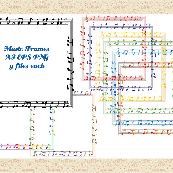 Music Frames AI EPS Vector (Not SvG) & PNG, Various Colors of Square Musical Score Frames, Frame Clip Art, Border ClipArt, Commercial 0K