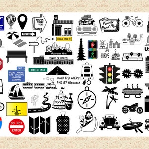 ロードトリップのシルエット、道路標識、落書き AI EPS (SvG ではありません) および PNG、旅行日記の要素、家族のロードトリップ、道路、キャンピングカー、車