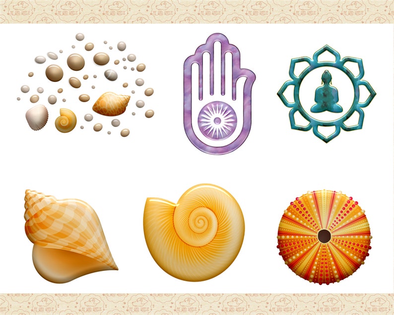 May include: A set of six colorful illustrations featuring a hand with an eye in the palm, a mandala with a meditating figure, a seashell, a spiral seashell, a sea urchin, and a cluster of seashells and pearls.