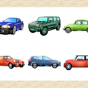 Pu&ograve; includere: Una collezione di sei diversi modelli di auto, tra cui un'auto sportiva blu, un SUV verde, un'auto d'epoca verde, un'auto d'epoca rossa, un minivan blu e un'auto compatta rossa.