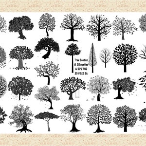 Könnte beinhalten: Eine Sammlung von 30 Schwarzweiß-Baum-Kritzeleien und Silhouetten. Die Bäume sind in verschiedenen Stilen und Größen, und einige haben Blätter, die von ihnen fallen. Der Text "Tree Doodles & Silhouettes AI EPS PNG 30 FILES EA" befindet sich in der Mitte des Bildes.