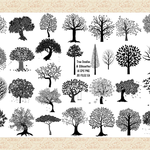 Trees Doodles Silhouettes AI Vector & PNG (Not a SVG) Sakura Cherry Trees, Maple Trees,  Bare Tree, Pine Tree, Tree With Swing, Leaves