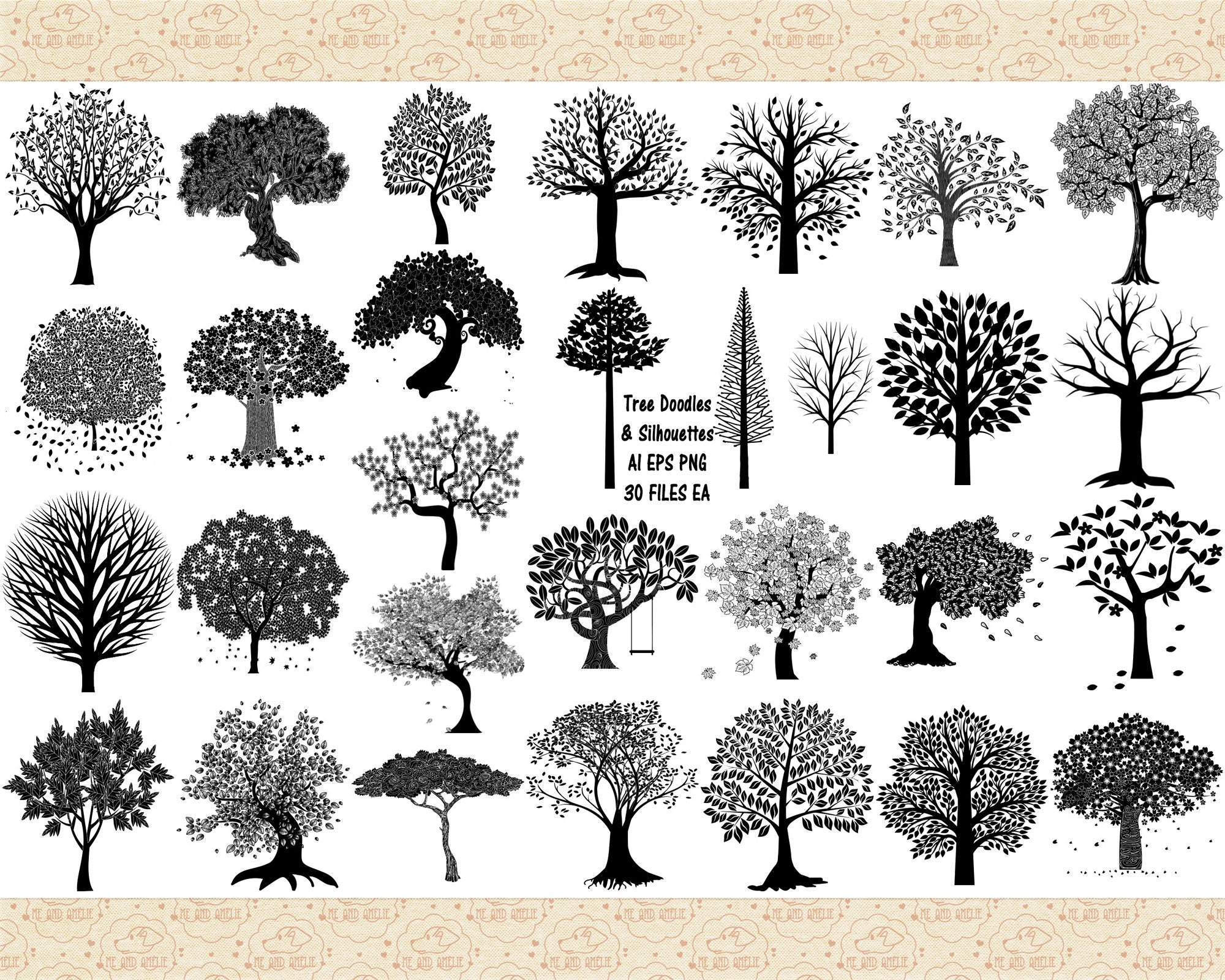 Trees Doodles Silhouettes Ai Vector And Png Not A Svg Sakura Etsy